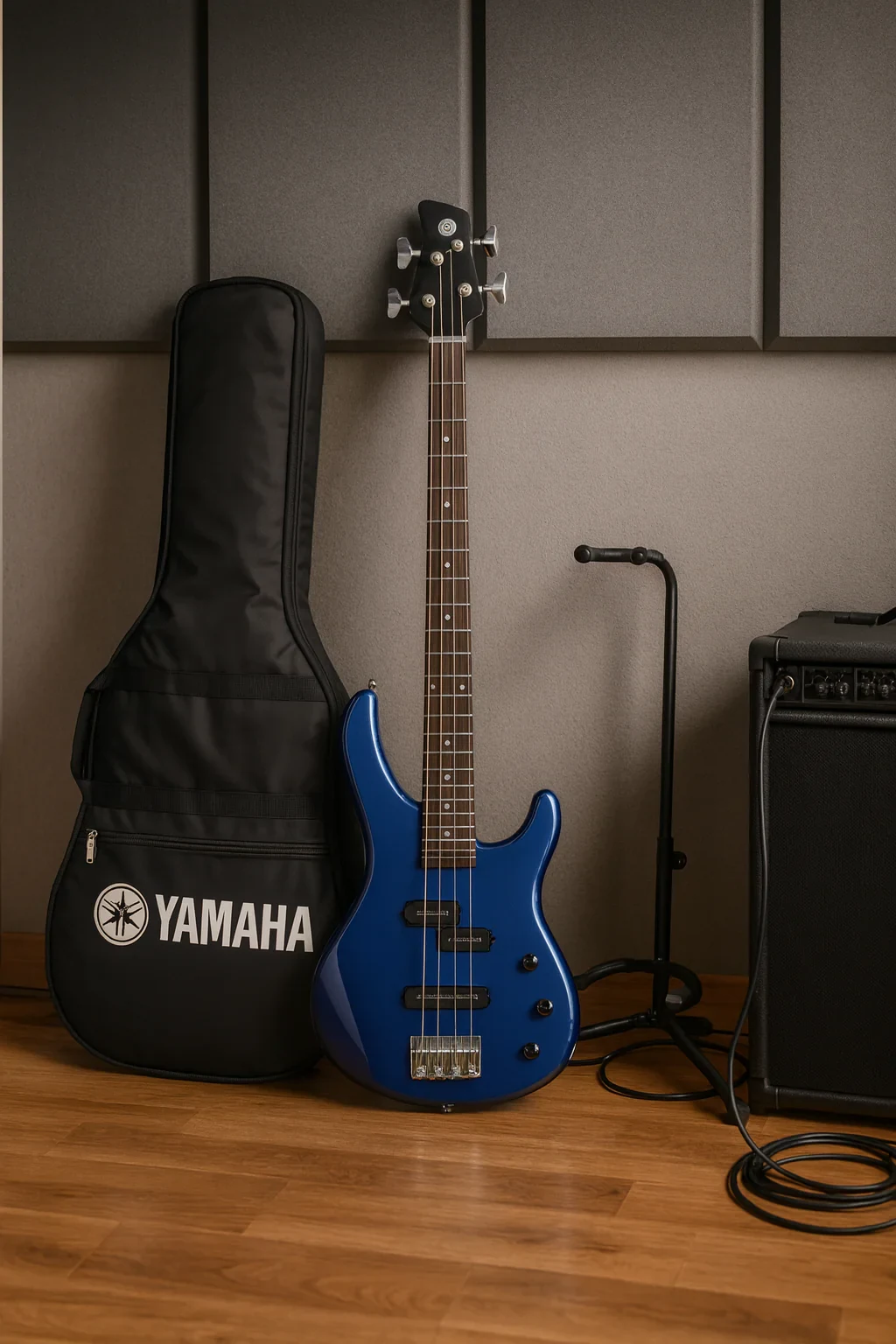 Bajo eléctrico Yamaha TRBX174DBM pasivo de 4 cuerdas azul con base y funda - Imagen 3