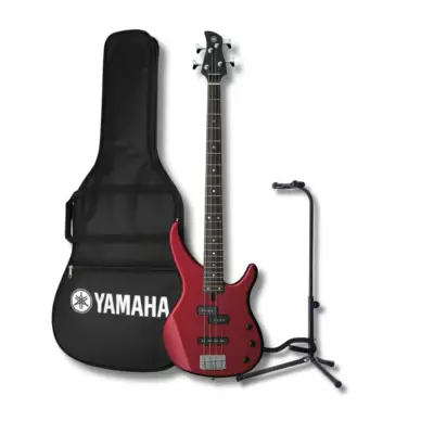 Bajo eléctrico pasivo Yamaha TRBX174 de 4 cuerdas color rojo con base y funda
