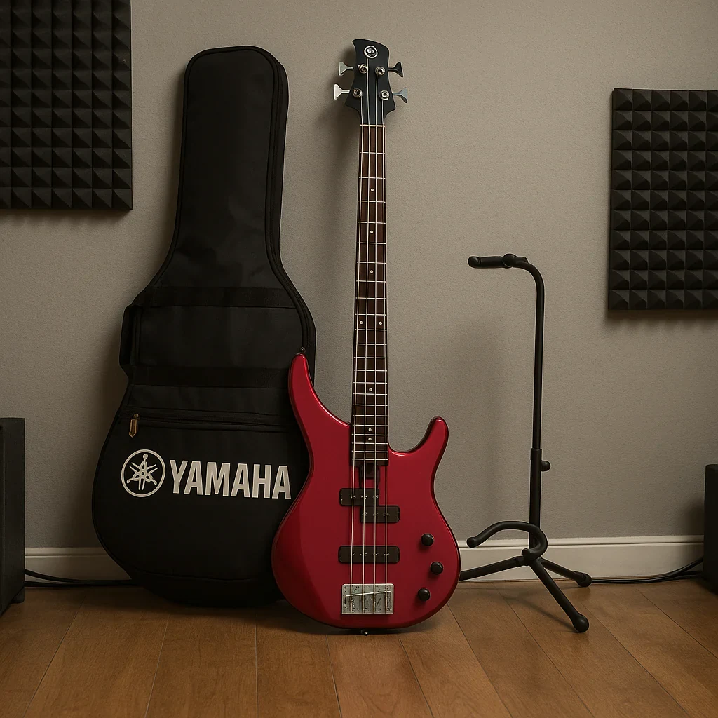 Bajo eléctrico pasivo Yamaha TRBX174 de 4 cuerdas color rojo con base y funda - Imagen 3
