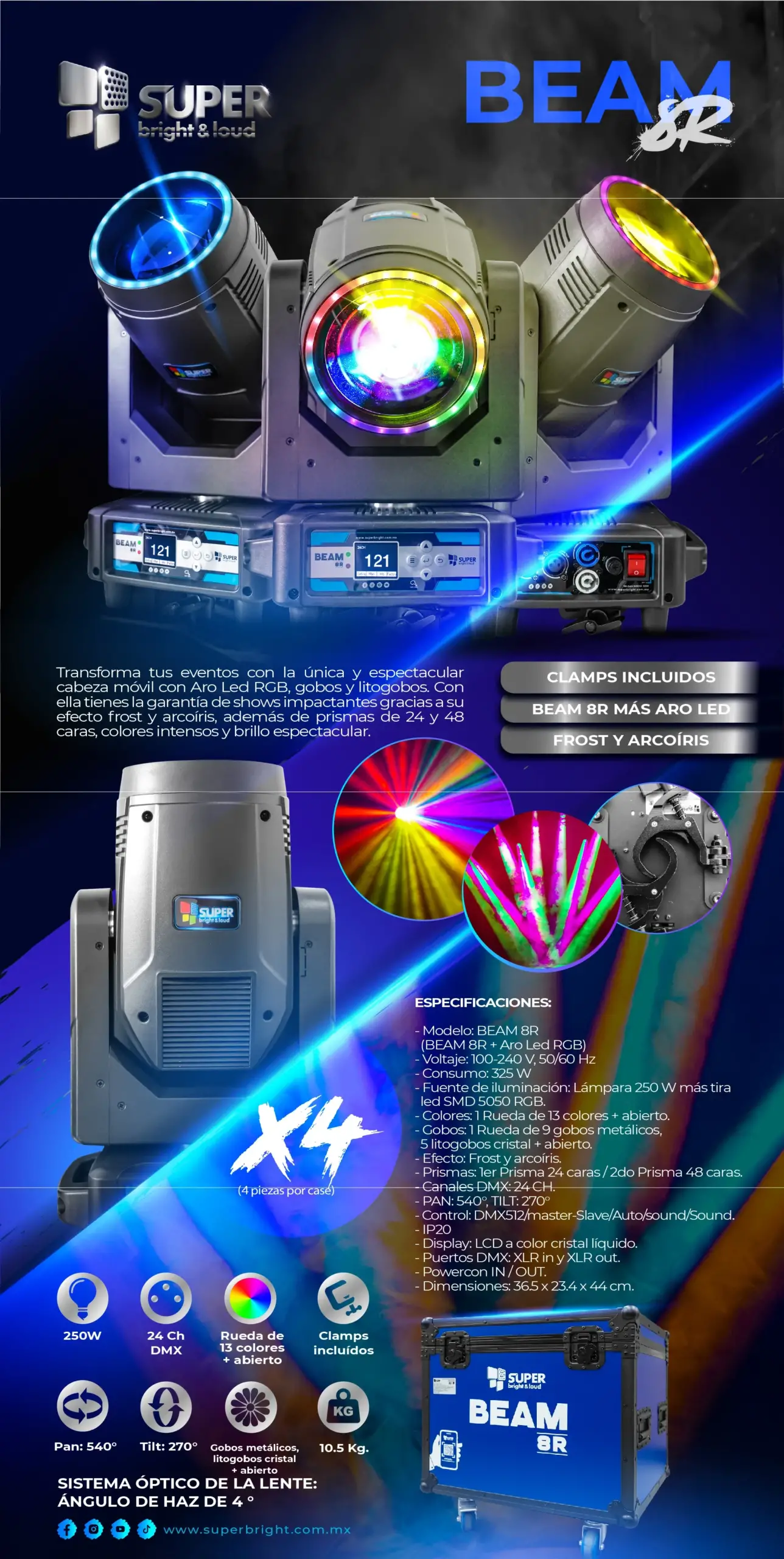 Cabezas Beam 8R con aro LED 250W y estuche - Imagen 2