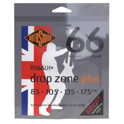 Encordadura RotoSound Drop Zone Plus 66 para bajo eléctrico de 4 cuerdas, calibre custom 85, 135, 135 y 175, escala larga, entorchado de acero inoxidable