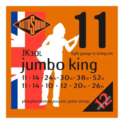 Encordadura RotoSound Jumbo King para guitarra acústica/electroacústica de 12 cuerdas calibre super ligero