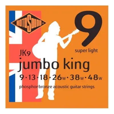 Encordadura RotoSound JK9 para guitarra acústica/electroacústica Jumbo King de 6 cuerdas, calibre super ligero