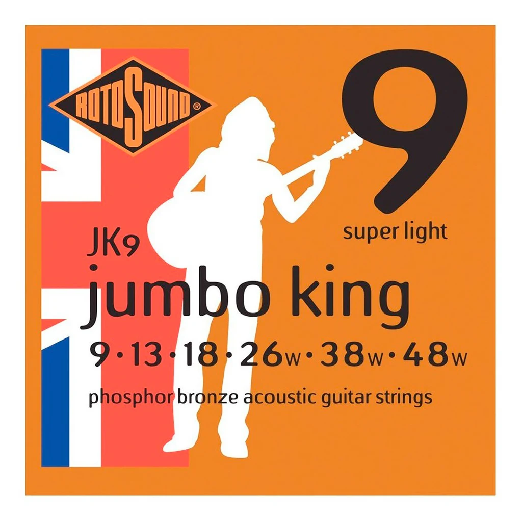 Encordadura RotoSound JK9 para guitarra acústica/electroacústica Jumbo King de 6 cuerdas, calibre super ligero