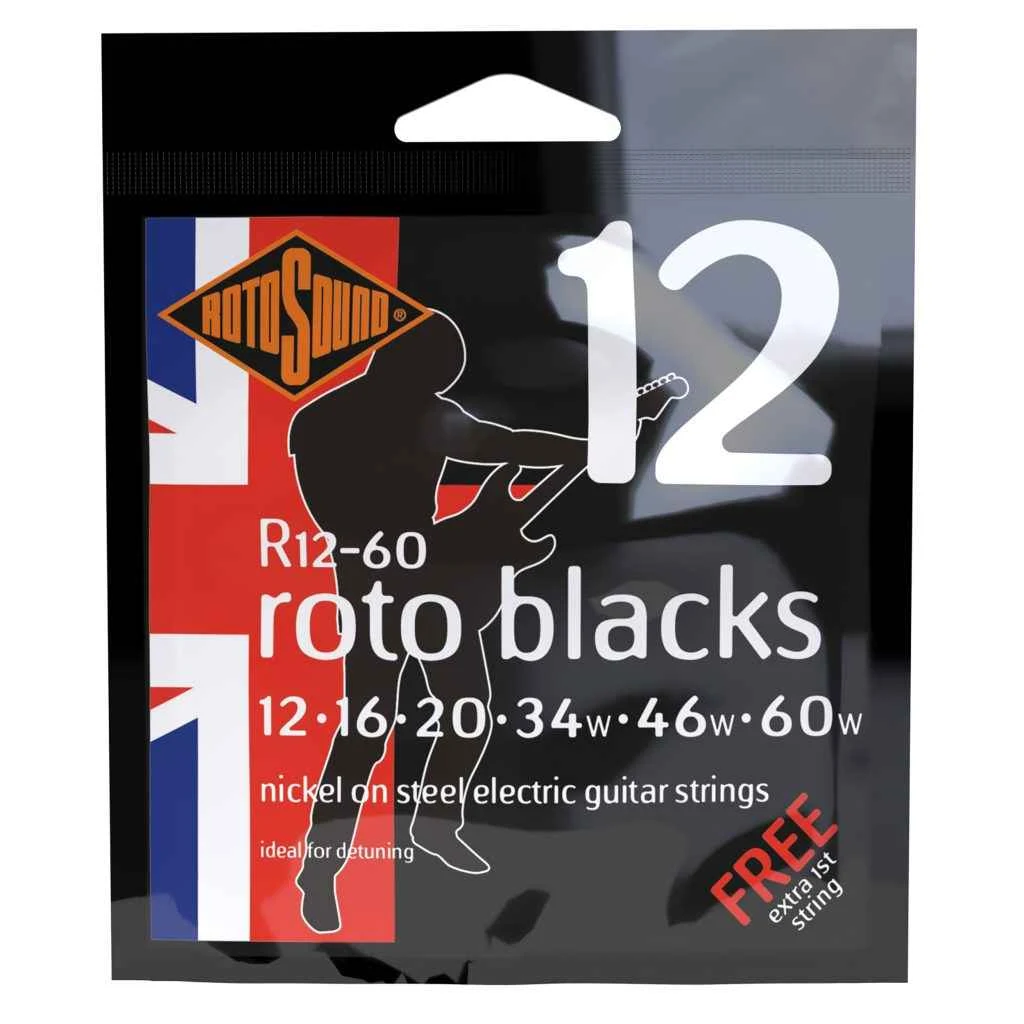 Encordadura RotoSound Roto Blakcs para guitarra eléctrica de 6 cuerdas, calibre híbrido custom 12-60