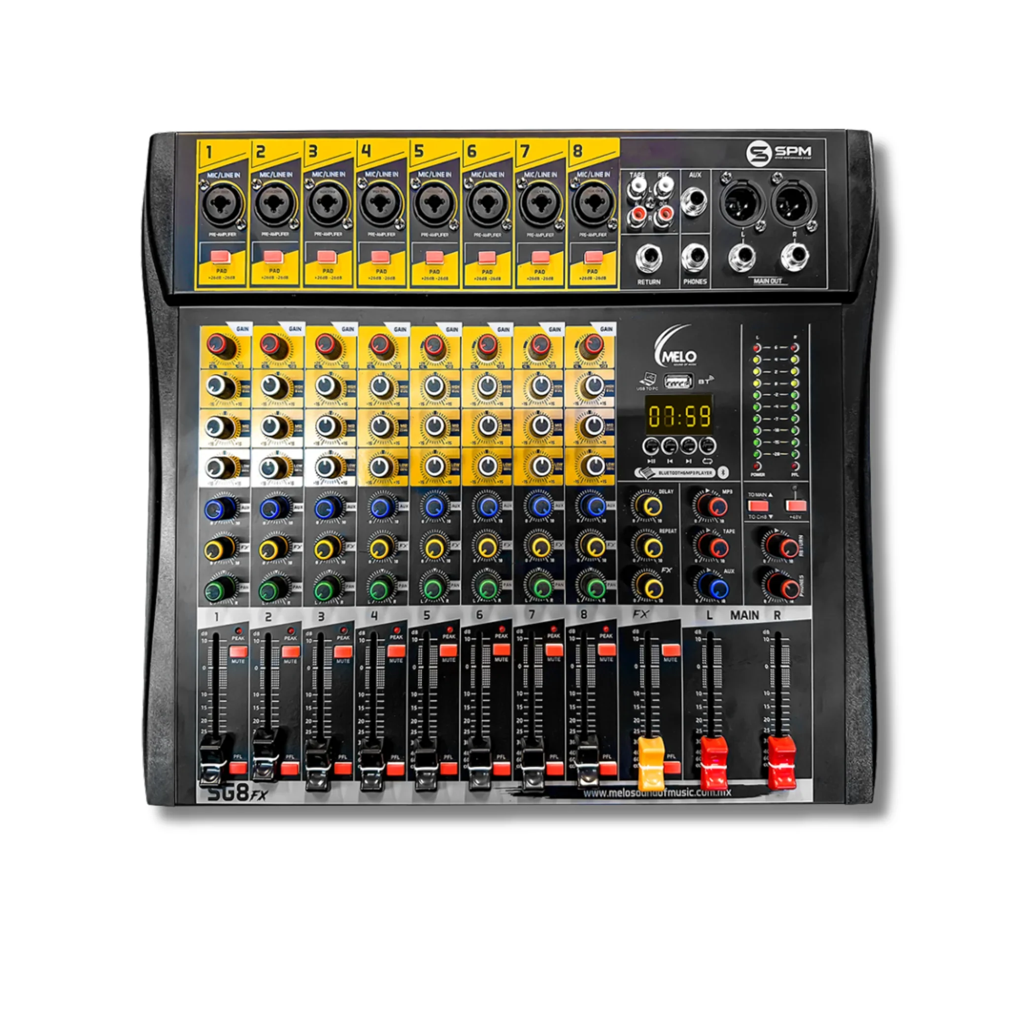 Mezcladora Melo SG8FX de 8 canales mono con conexión Bluetooth