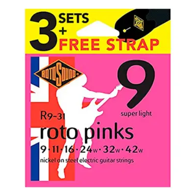 Paquete de 3 sets de cuerdas RotoSound Roto Pinks para guitarra eléctrica 6 cuerdas calibre super ligero