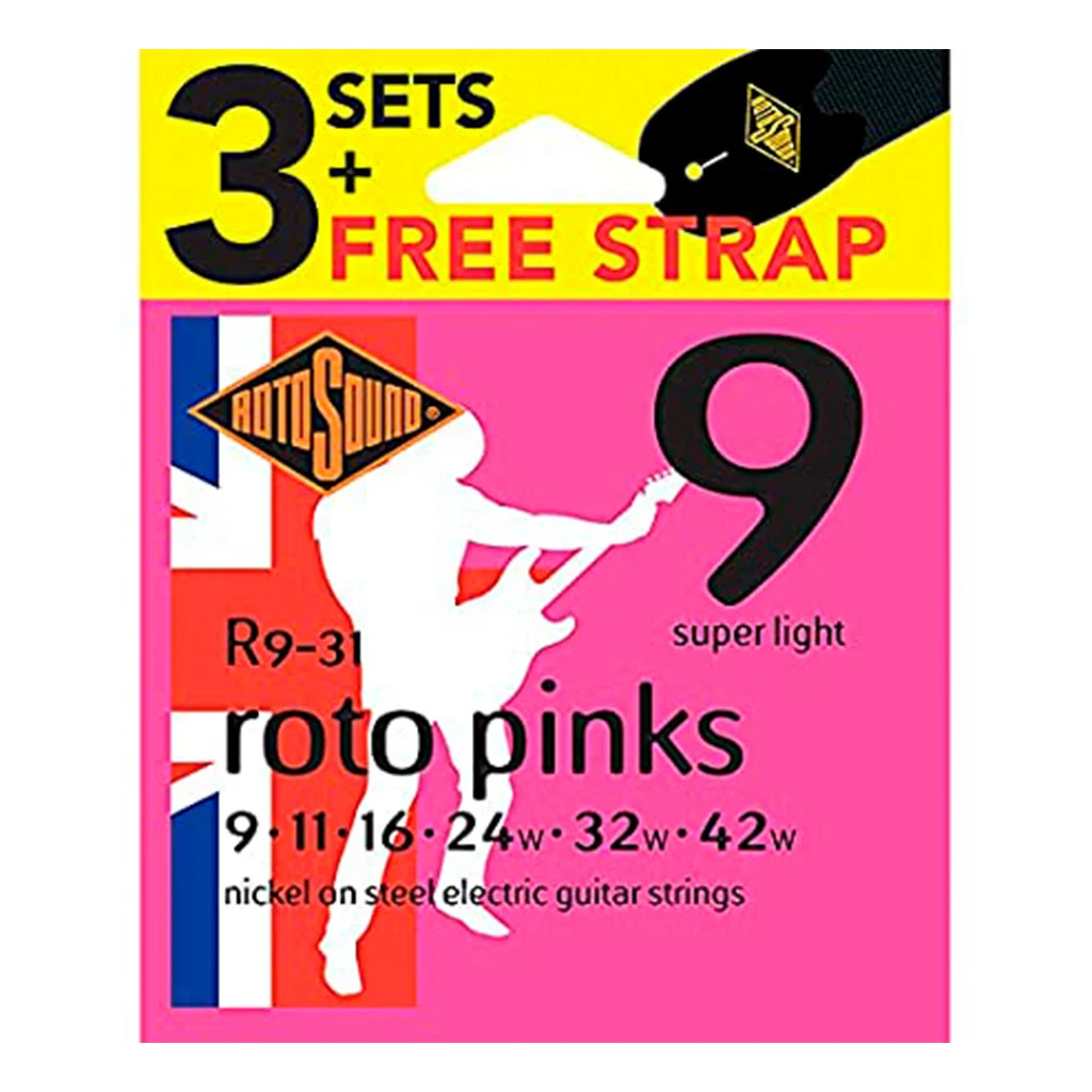 Paquete de 3 sets de cuerdas RotoSound Roto Pinks para guitarra eléctrica 6 cuerdas calibre super ligero