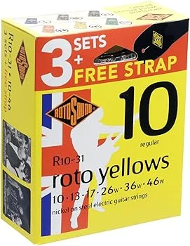 Paquete de 3 sets de cuerdas RotoSound Roto Yellows para guitarra eléctrica de 6 cuerdas, calibre 10-46