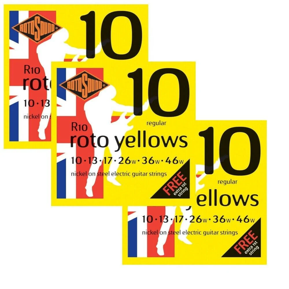 Paquete de 3 sets de cuerdas RotoSound Roto Yellows para guitarra eléctrica de 6 cuerdas, calibre 10-46 - Imagen 2