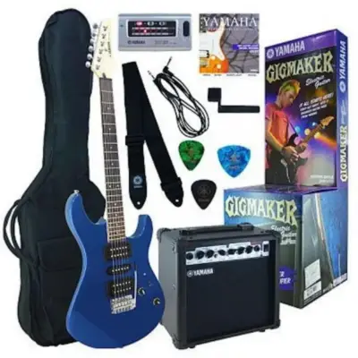 Paquete de guitarra eléctrica Yamaha ERG121C en acabado azul metálico con amplificador y accesorios
