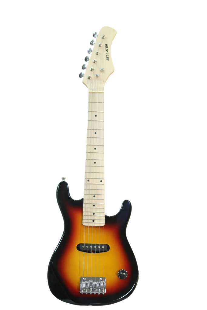 Paquete de guitarra eléctrica infantil tipo Stratocaster color negro con sombreado amarillo