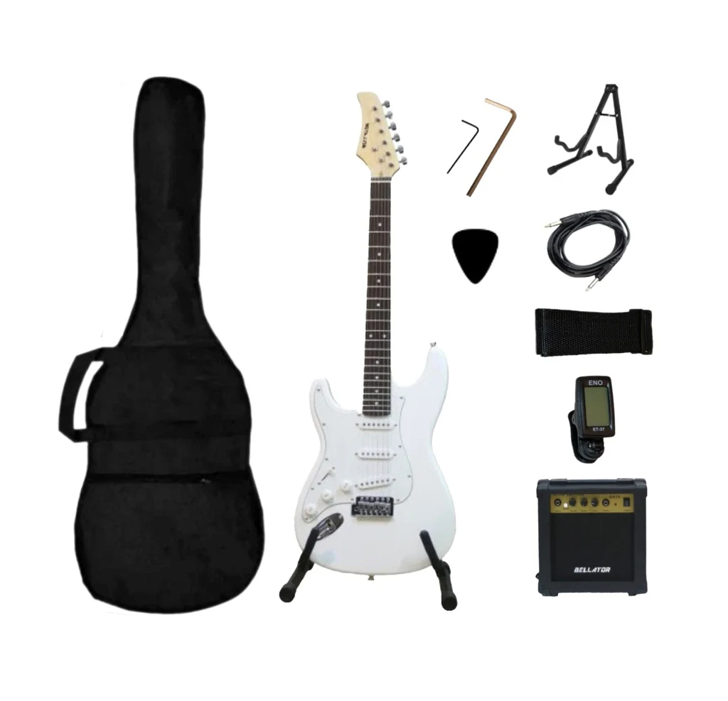 Paquete de guitarra eléctrica Strat zurda Bellator color blanco