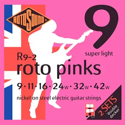 Set de 2 Paquetes de Encordadura RotoSound Roto Pinks para Guitarra Eléctrica Calibre Super Ligero