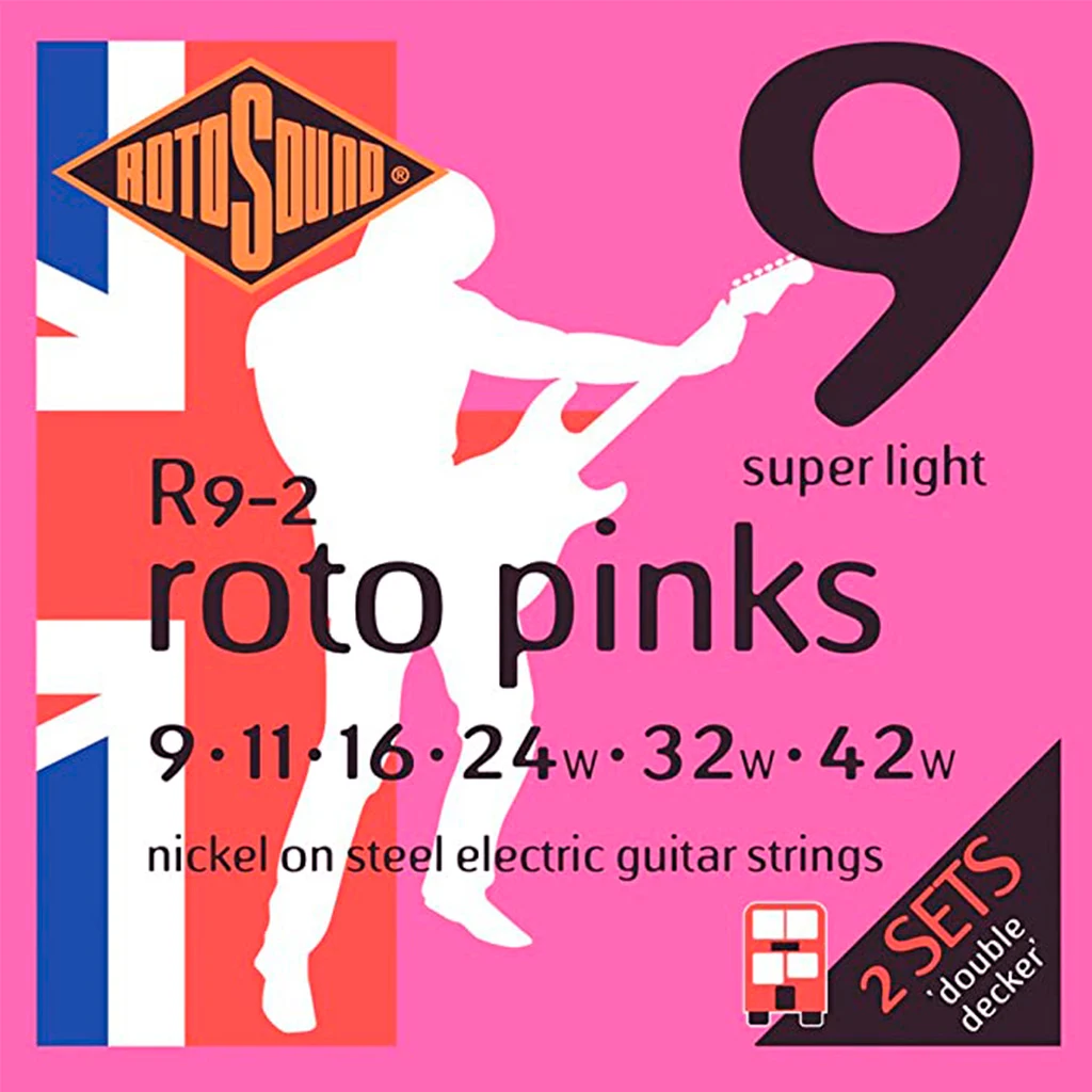 Set de 2 Paquetes de Encordadura RotoSound Roto Pinks para Guitarra Eléctrica Calibre Super Ligero