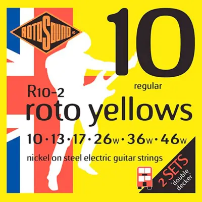 Set de 2 paquetes de encordadura RotoSound Roto Yellows para guitarra eléctrica de 6 cuerdas calibre 10-46