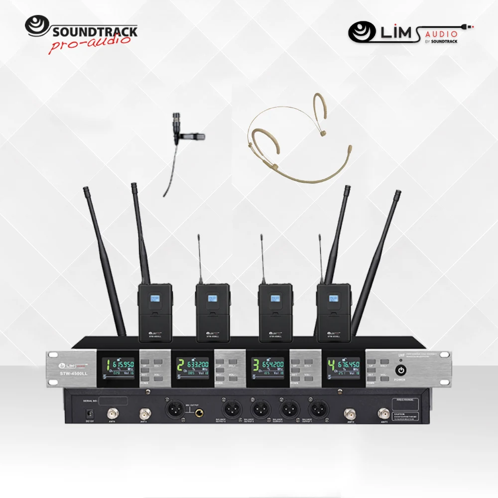Sistema de 4 Micrófonos Inalámbricos Soundtrack de Diadema y Solapa UHF STW-4500LL