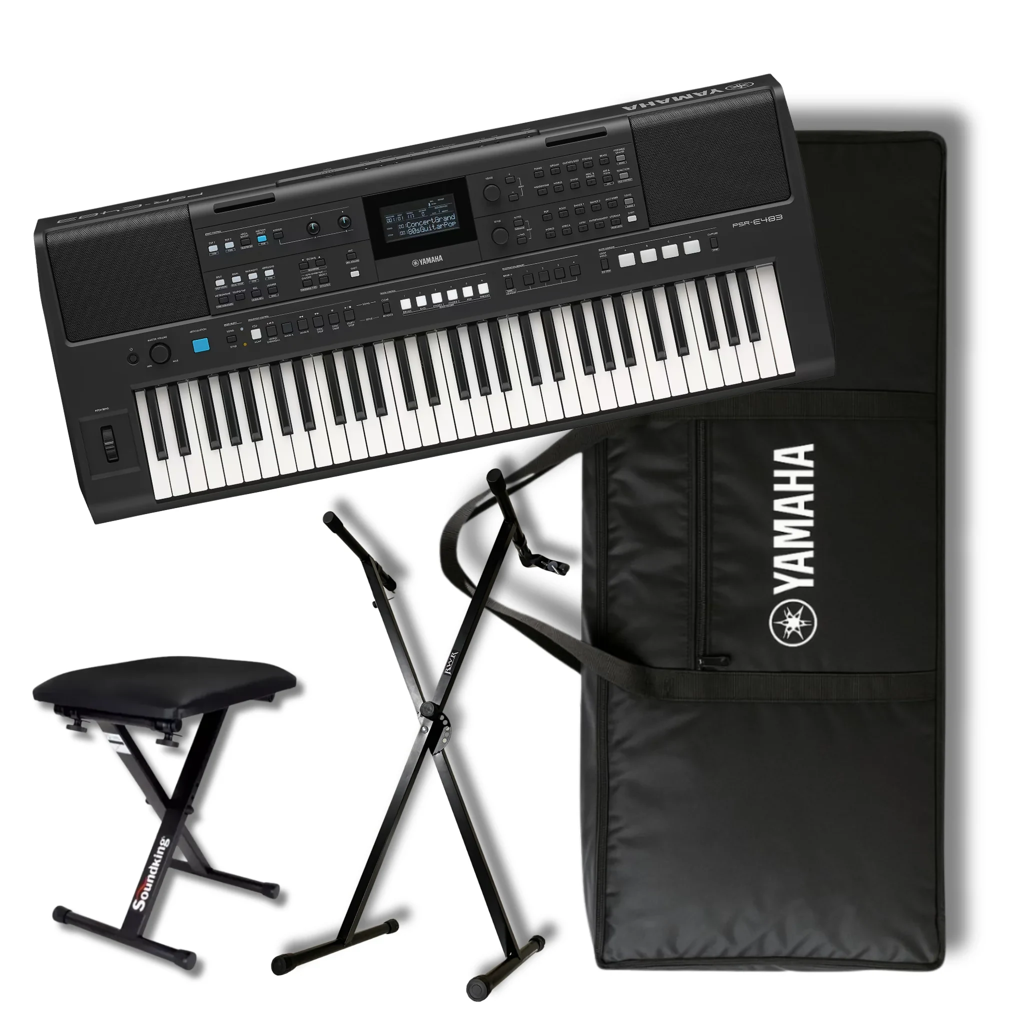 Teclado Yamaha PSR-E483 de 61 Teclas con Funda, Base y Banco