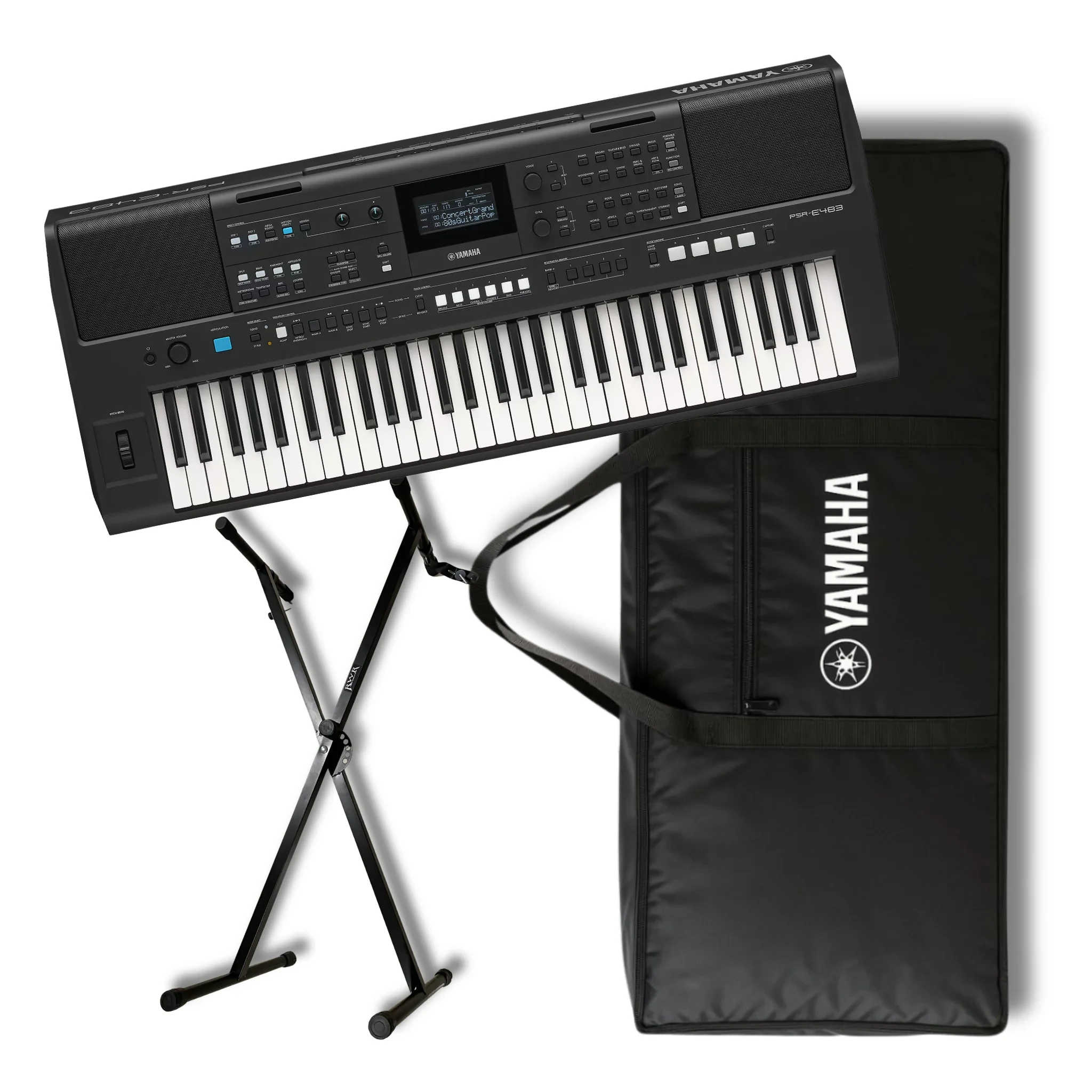 Teclado Yamaha PSR-E483 de 61 Teclas con Sensibilidad al Tacto, USB, Negro, Incluye Funda y Base